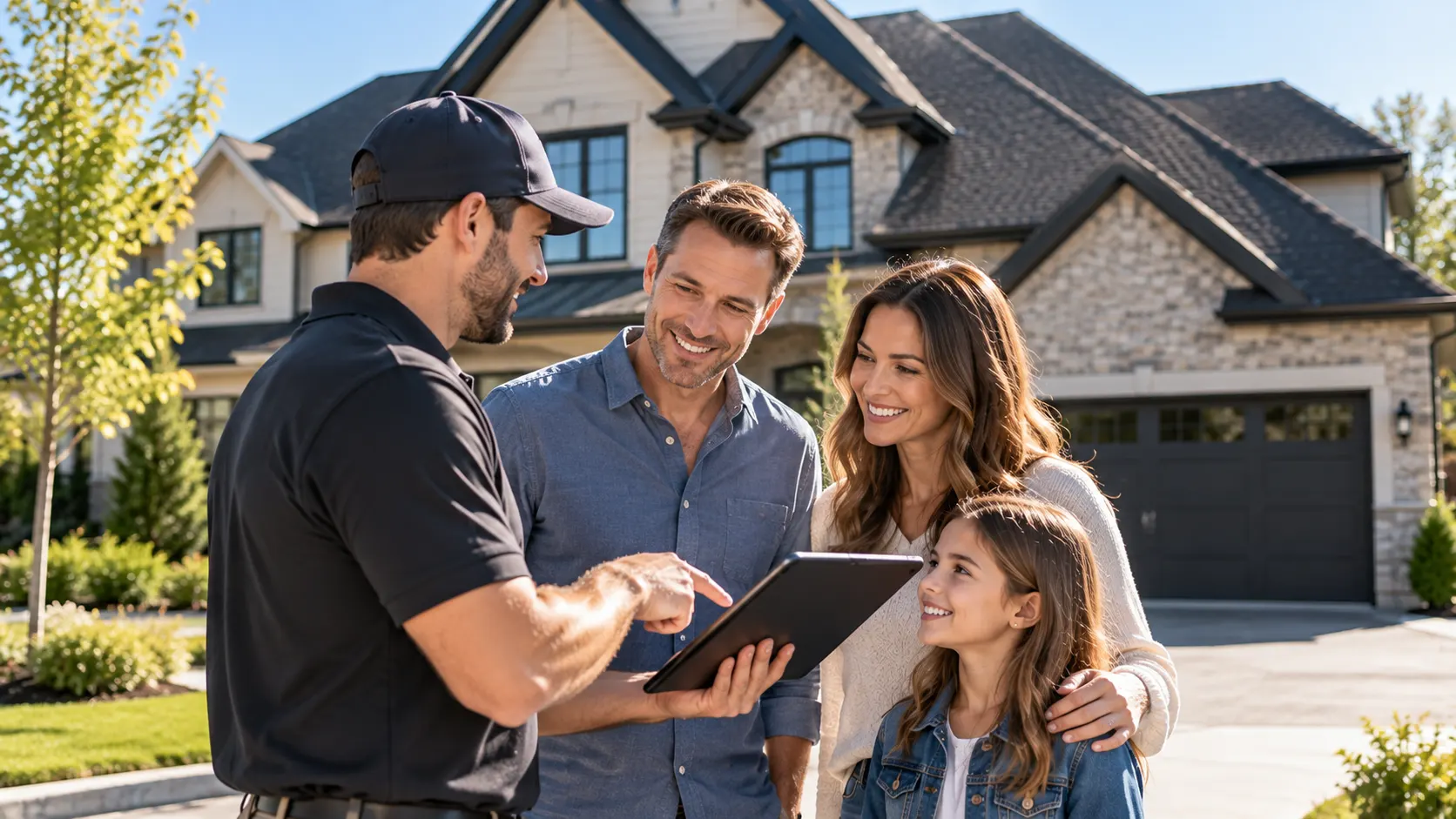 Conseiller présentant une tablette à une famille devant sa maison