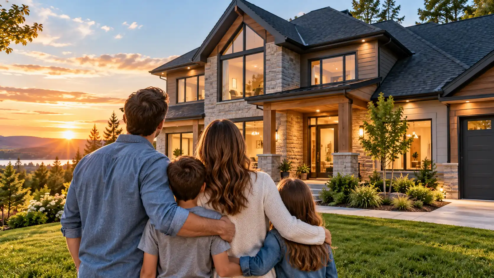 Famille regardant sa maison au coucher du soleil