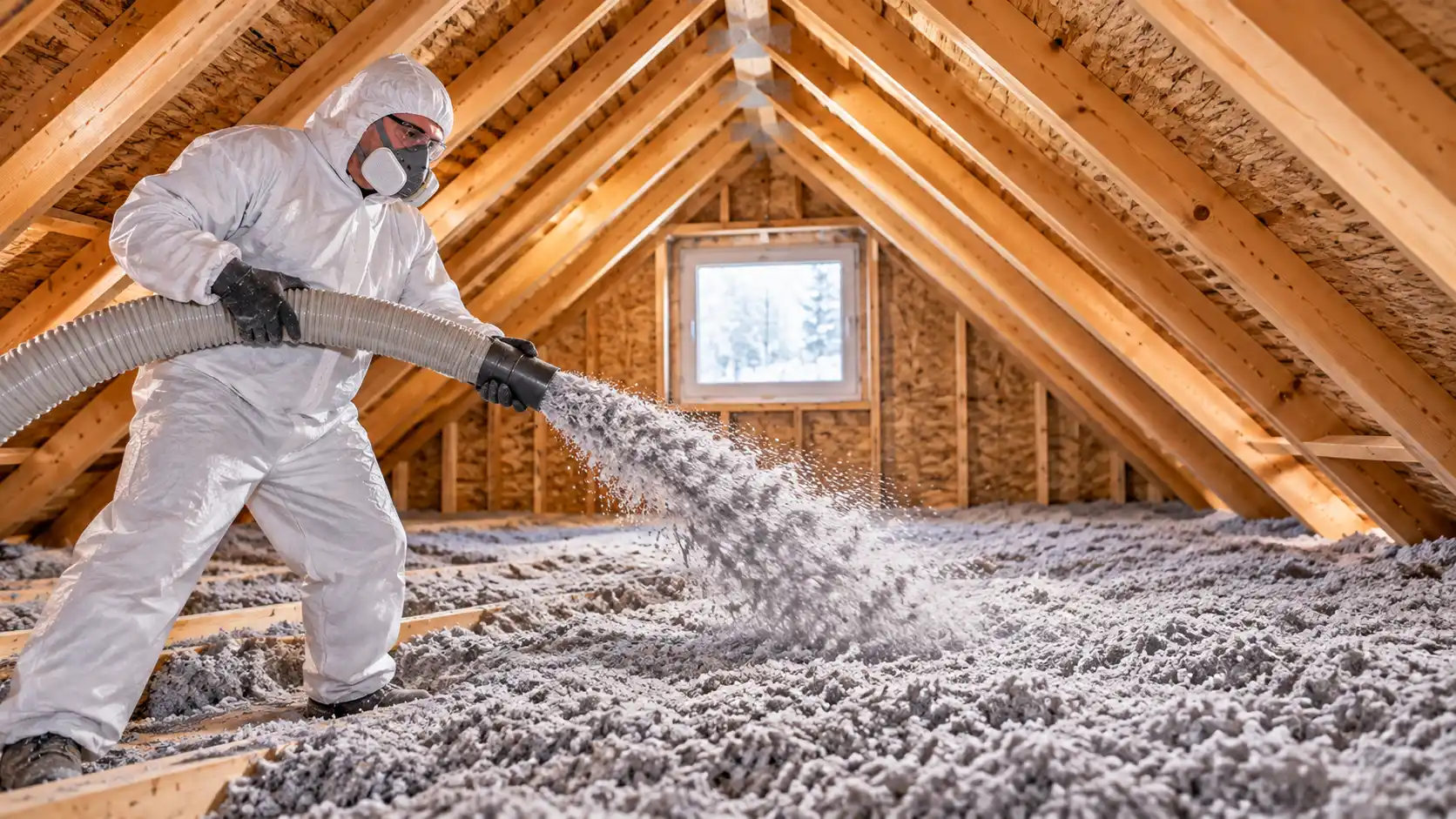 Technicien soufflant de la fibre isolante avec un boyau près de la fenêtre du grenier