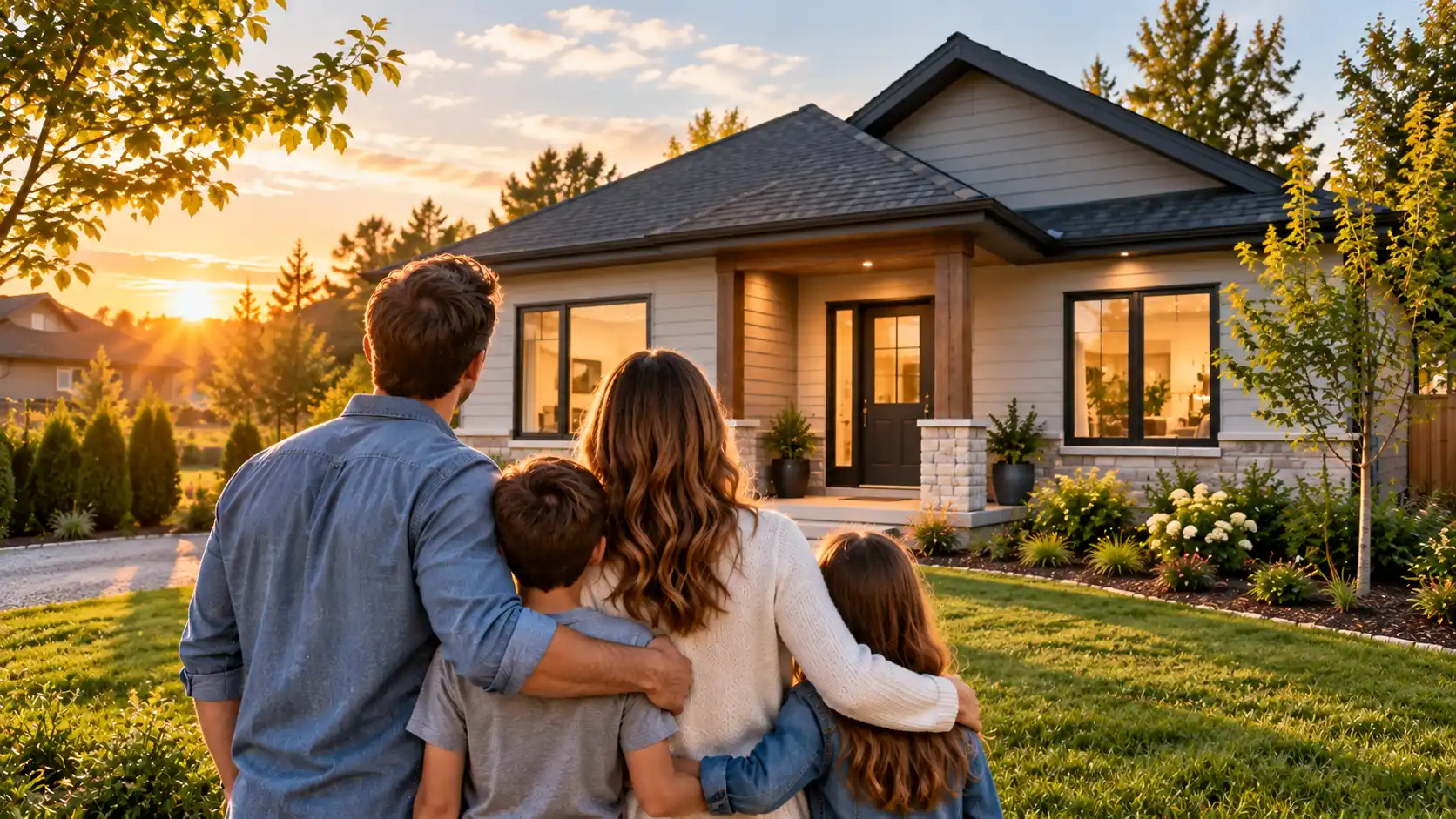 Famille devant une maison de plain-pied au coucher du soleil