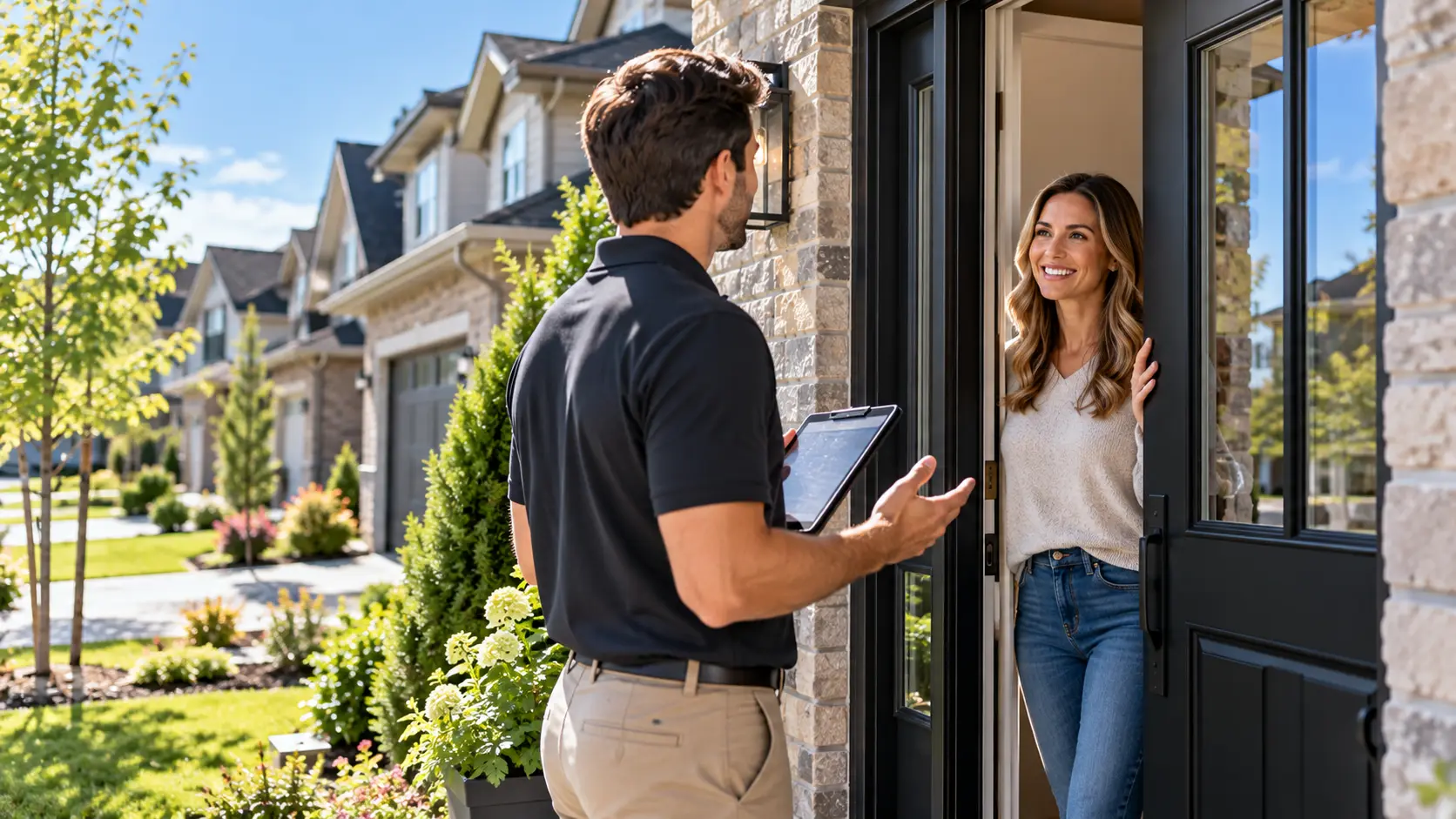 Conseiller accueilli à la porte d'une maison pour une inspection